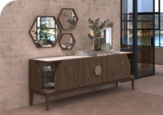 Luxury brown sideboard with glass elements storage dining room furniture wood