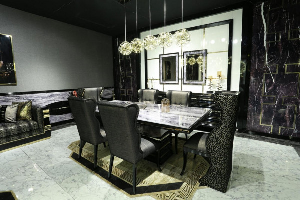 Black dining room set suite, dining group, dining table 232x112cm + 6x armchairs