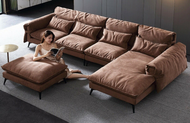 L-shaped living area, modern brown design, sofas, corner sofa upholstery.