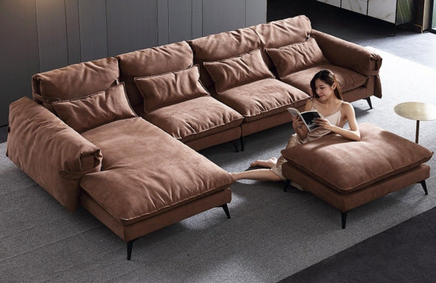 L-shaped living area, modern brown design, sofas, corner sofa upholstery.