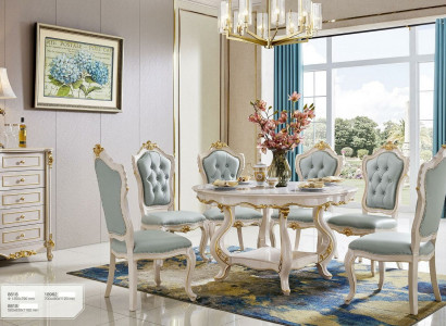 Light blue classic dining room ambiance with a round wooden table and x6 Chesterfield armchairs