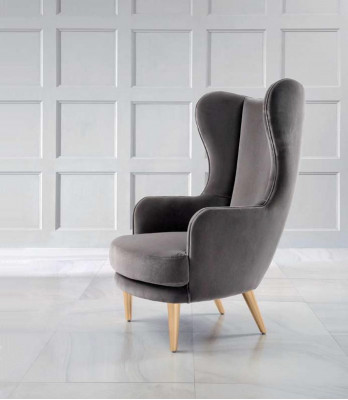 Wing chair, armchair, club chair, cocktail chair, luxury seat, gray seat, living room.