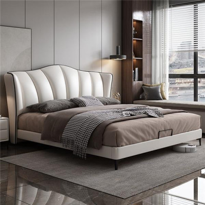 Bedroom bed leather luxury style double bed beige beds furniture furnishings