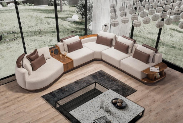 Beige living room corner sofa, exclusive L-shaped couch, modern wooden frame.