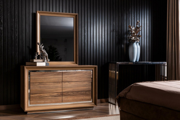 Brown dresser in modern style + mirror with practical storage