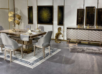 Luxurious dining room set: dining table, 6 chairs, sideboard, mirror, 11 pieces.