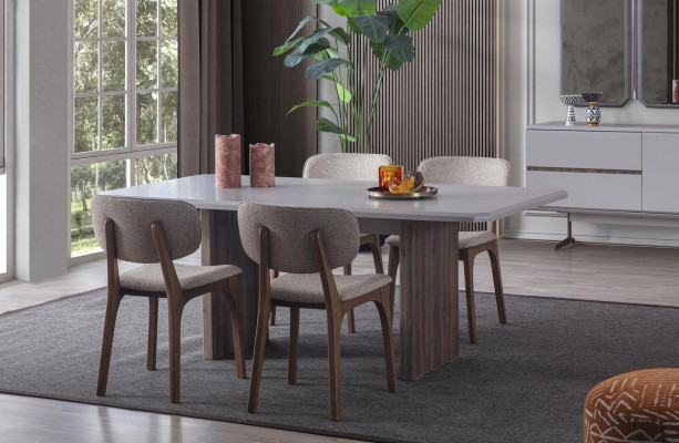 Designer dining room set consists of 5 pieces: dining table and 4 modern chairs.