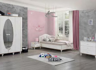 Youth room furniture set: bed, wardrobe, nightstand, dresser with mirror, 4-piece set.