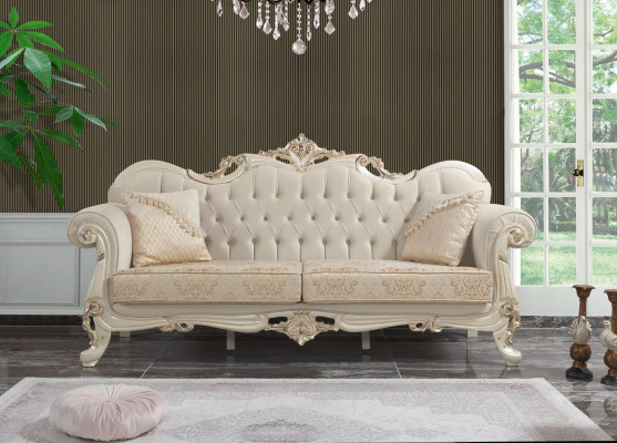 Three-seater sofa, 3-seat fabric sofa, upholstered sofa, beige fabric Chesterfield.