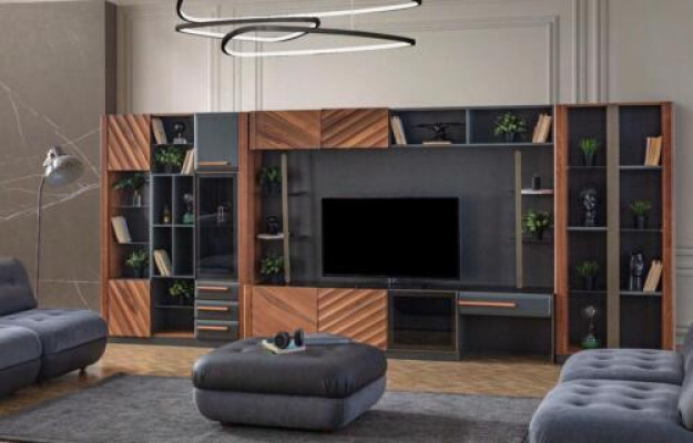 Modern Black-Brown Living Room Wall Unit Luxury Entertainment Center Display Cabinet Furniture 4-piece Set