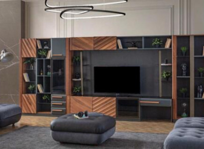 Modern Black-Brown Living Room Wall Unit Luxury Entertainment Center Display Cabinet Furniture 4-piece Set