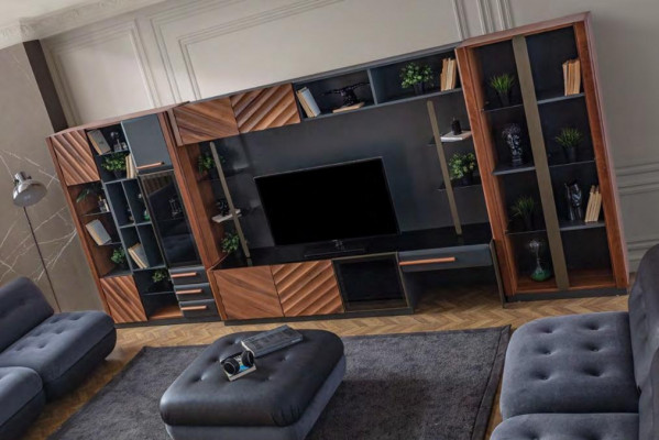 Modern Black-Brown Living Room Wall Unit Luxury Entertainment Center Display Cabinet Furniture 4-piece Set