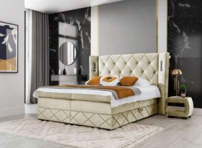 Beige Chesterfield upholstered bed bedroom nightstands luxury furniture