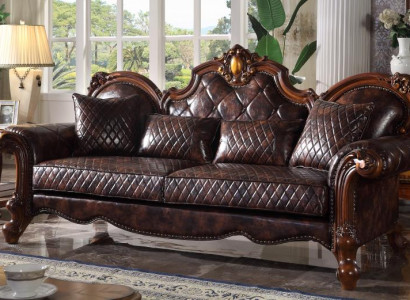 Carved Baroque Living Room Furniture Sofa Leather Couch Three-Seater Seat