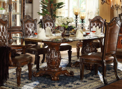 Brown classic dining table with leather Chesterfield chairs 7-piece set