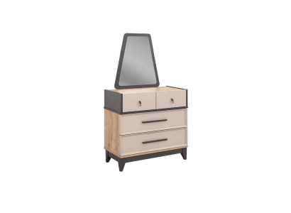 Group of dresser sets with mirror, wood, children's room, beige console.