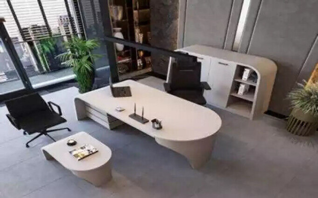 White Office Set: Executive Desk, Oval Coffee Table, File Cabinet, 3-Piece Shelf.