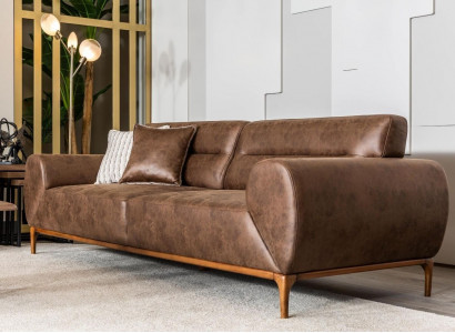 Three-seater sofa, 3-seater upholstered sofa, brown couch, upholstered faux leather