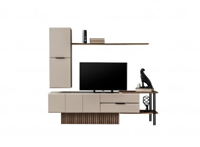 Wall-mounted TV stand wall cabinet RTV lowboard beige wood shelves