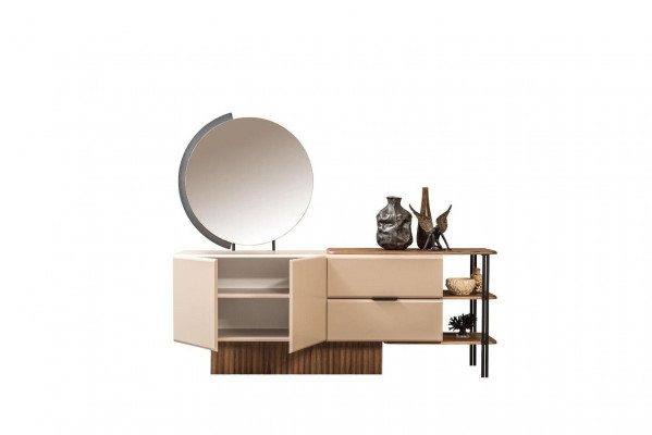 Sideboard set with mirror beige wood cabinet cupboard wood design