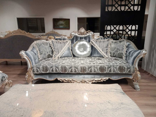 Sofa Couch Furniture Set Suite 3+1+1 Coffee Table Silver Baroque Rococo