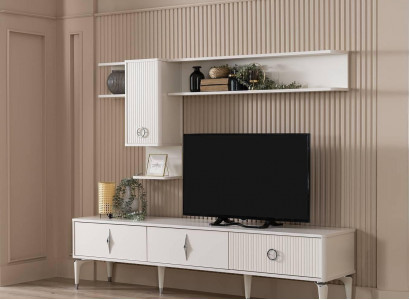 Complete TV Stand Cabinet RTV Lowboard Living Room Shelves White Wood