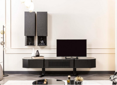 Black living room set designer wood TV stand luxurious x2 wall shelves