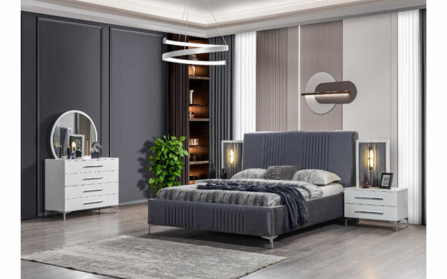 Stylish Bedroom Set Gray Double Bed Wood Nightstands 5-piece