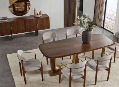 Modern dining room set consists of dining table, 6x chairs, mirror, sideboard.