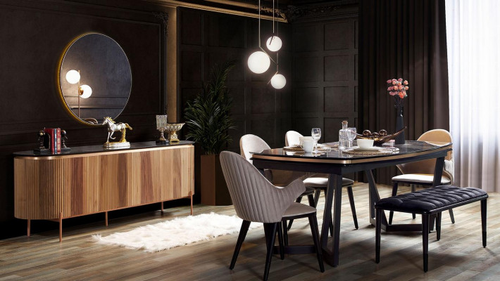 Luxurious dining room set consists of a dining table, 4x chairs, and a sideboard, 7-piece set.