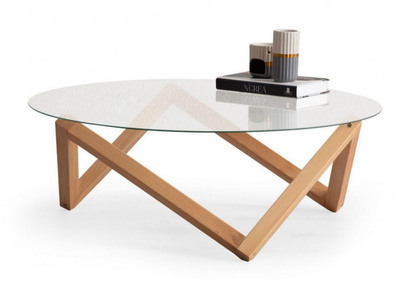 Coffee table in modern style round glass tabletop living room wooden legs