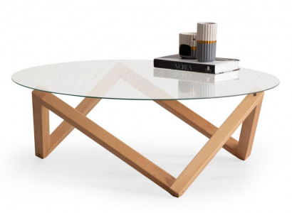 Coffee table in modern style round glass tabletop living room wooden legs