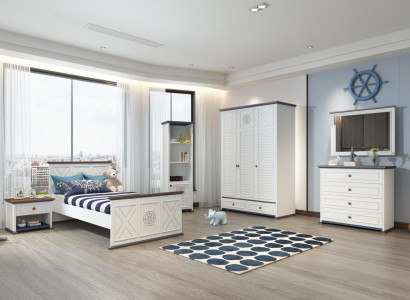 Youth room complete set: single bed, wardrobe, dresser with mirror design, 6 pieces.