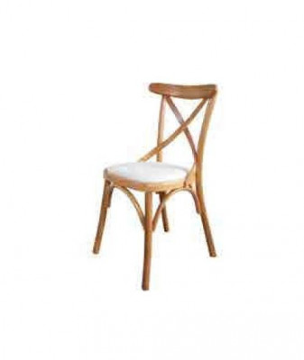 A wooden chair with a soft seat and a round back for your dining room.