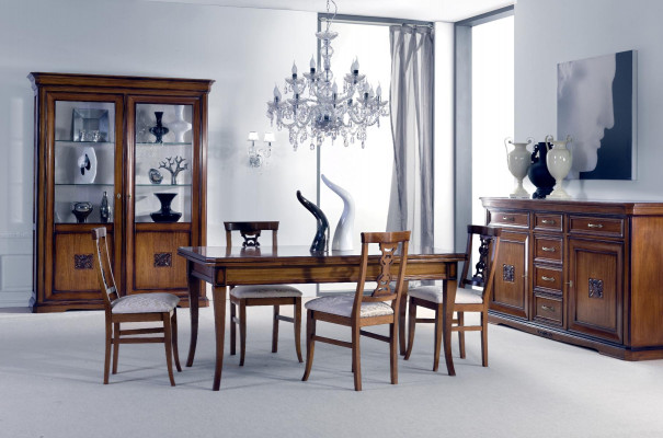 Dining room set 7-piece. Dining table chairs sideboard display case group suite wood brown.