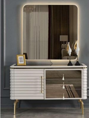 Stylish White Dresser with Round LED Mirror Bedroom Set 2-Piece