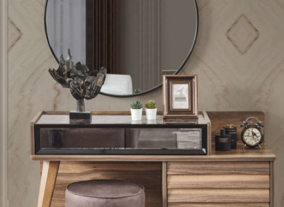 Brown wooden dressing table with round mirror, designer bedroom 2-piece set console.