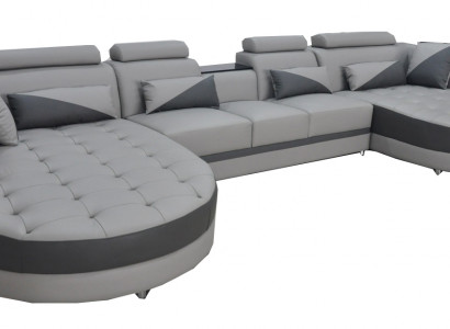 Living area with bed function, grey corner sofa, U-shape couch design, upholstery, USB, new