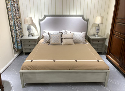 Premium bedroom set: bed and nightstands made of natural wood in gray