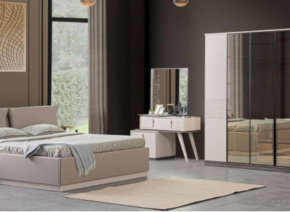 Bedroom luxury beds 2x nightstands 5-piece wardrobe wood beige