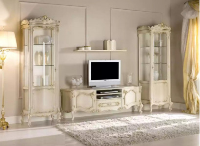 Living room wall unit set group, lowboard, display cabinet, 4-piece wooden furniture shelf.