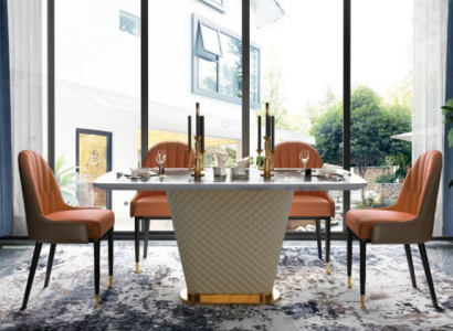 Luxury designer dining room with round dining table & 4 upholstered metal chairs