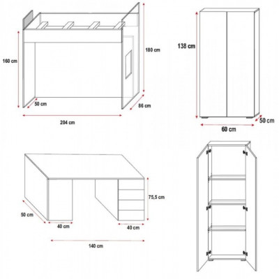 White bunk bed wood loft bed girls high-gloss desk cupboard new