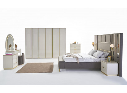 Luxury Complete Bedroom Set Beige Gold Dresser Bed Nightstand 7pcs. Glossy