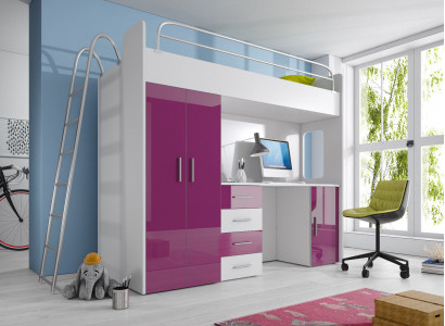 BUNK BED LOFT BED WITH DESK + WARDROBE - RAJ 4D PURPLE