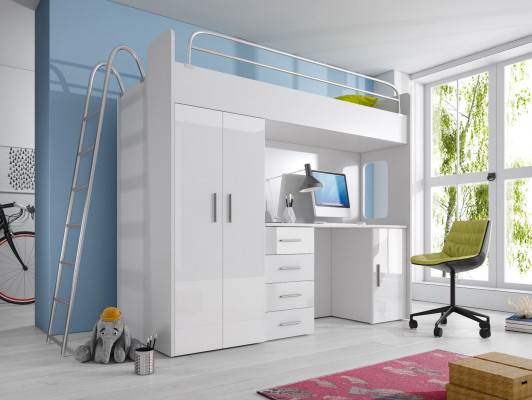 BUNK BED LOFT BED BUNK BED WITH DESK + WARDROBE - RAJ 4D WHITE