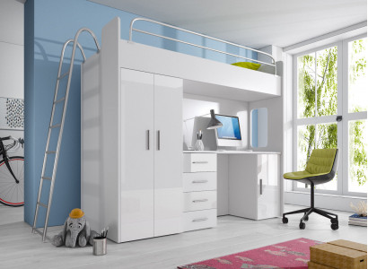 BUNK BED LOFT BED BUNK BED WITH DESK + WARDROBE - RAJ 4D WHITE