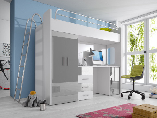 BUNK BED LOFT BED BUNK BED WITH DESK + WARDROBE - RAJ 4D WHITE