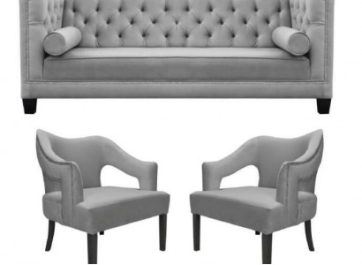 Silver Velvet Suite Sofa Set 3-piece Set Couch Seat Cushion Chesterfield