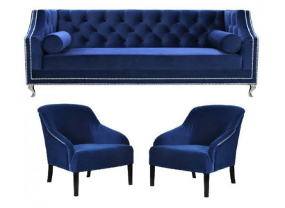 Blue Chesterfield Armchair Blue XXL Textile Fabric Couch Group Furniture Set